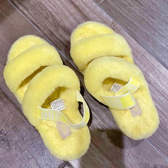 NEW UGG Oh Yeah Fur Slides Yellow Slippers - Picture 6 of 9